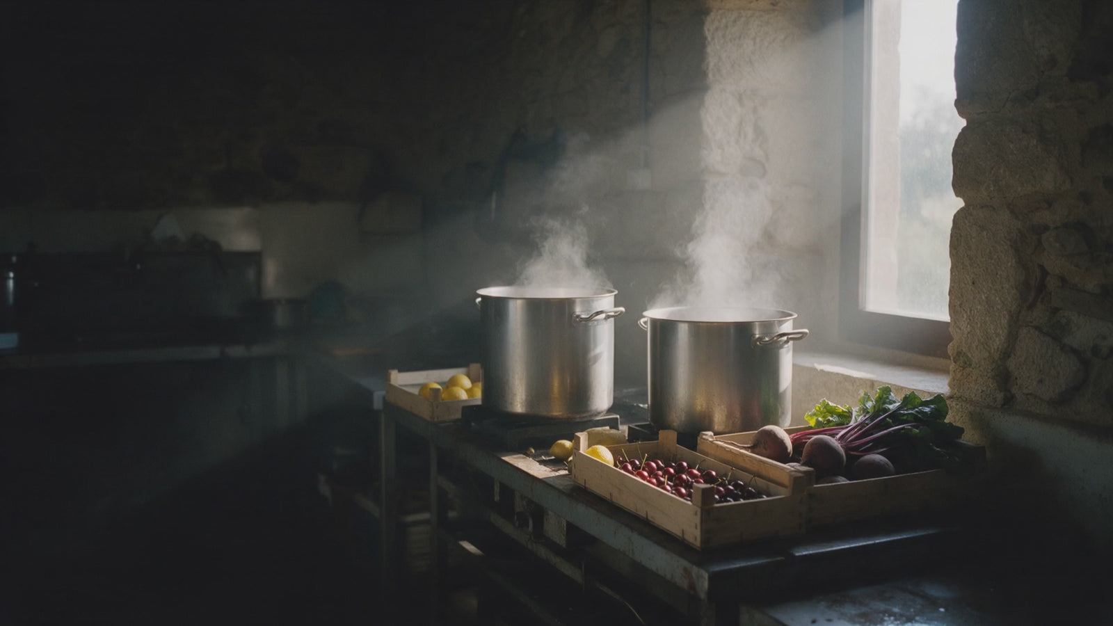 Steam rising from steel kettles in a small stone food workshop at sunrise